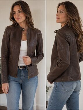 Moto Minimalist Genuine Leather Suede Cafe Racer Jacket Brown M